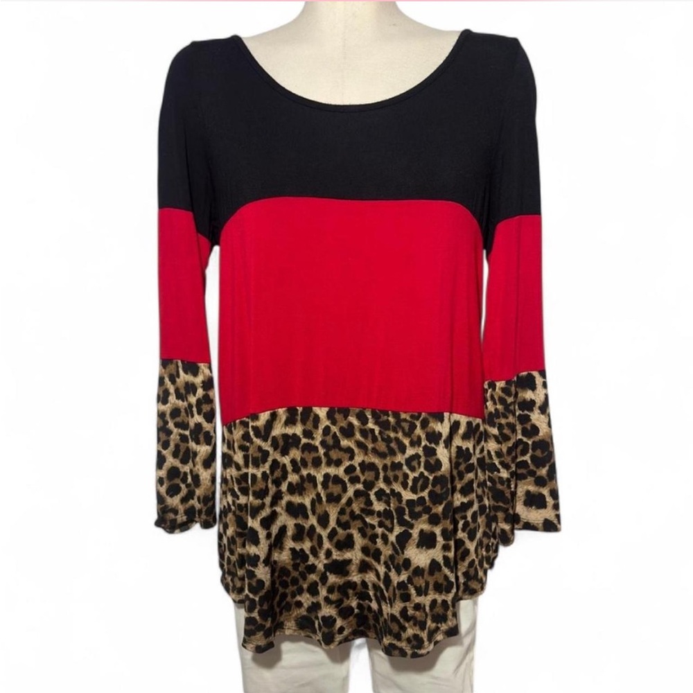 Red Black Leopard Colorblock Long Sleeve Top Button Back Detail